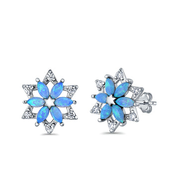Flower Stud Earrings Lab Created Blue Opal Simulated CZ 925 Sterling Silver (12mm)